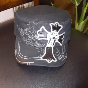 Rhinestone cadet hat- Leather cross black